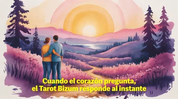 Tarot Bizum inmediato – Consulta de amor y destino con tarot Pareja abrazada contemplando un paisaje al atardecer en estilo acuarela, símbolo de amor y decisiones del destino en una consulta de tarot por Bizum inmediata