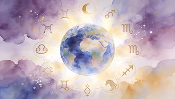 Consulta de tarot desde tu país · Atención internacional Globo terráqueo en acuarela rodeado por los signos del zodiaco, símbolo de conexión espiritual y consultas de tarot desde cualquier país
