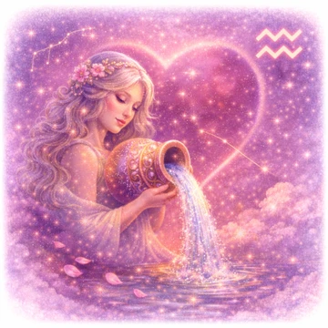 Mujer representando el signo Acuario vertiendo agua de un ánfora bajo cielo estrellado rosado con corazón luminoso, constelación y símbolo zodiacal Acuario