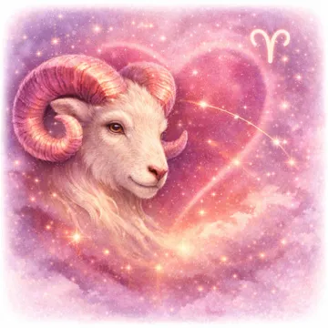 Carnero del signo Aries con cuernos rosados sobre fondo estrellado con corazón luminoso y símbolo zodiacal Aries en el cielo