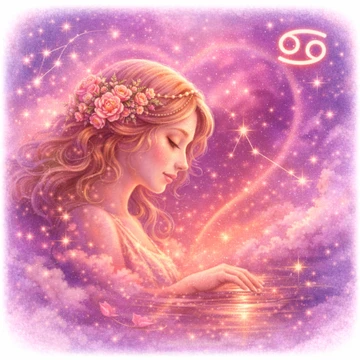  Mujer representando el signo Cáncer con flores en el cabello tocando el agua bajo un cielo estrellado rosado, con corazón luminoso y símbolo zodiacal Cáncer en la parte superior