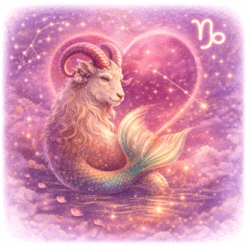 Cabra marina del signo Capricornio con cola de pez sobre fondo cósmico rosado con corazón luminoso, constelación y símbolo zodiacal Capricornio