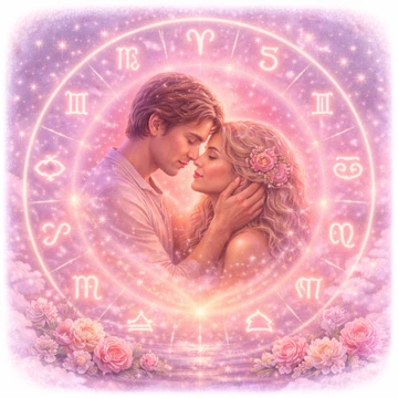 Compatibilidades del amor entre signos del zodiaco Pareja abrazándose con ternura en el centro de una rueda zodiacal luminosa rodeada de símbolos de los signos, corazón de luz y flores rosadas en un cielo estrellado en tonos rosa y violeta.