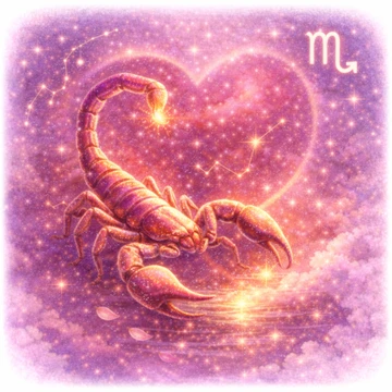 Escorpión del signo Escorpio sobre fondo cósmico rosado con corazón luminoso, constelación y símbolo zodiacal Escorpio en el cielo estrellado