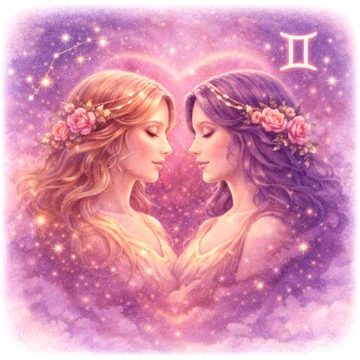 Dos mujeres representando el signo Géminis frente a frente, rodeadas de estrellas y un corazón luminoso sobre fondo rosado con el símbolo zodiacal Géminis en el cielo