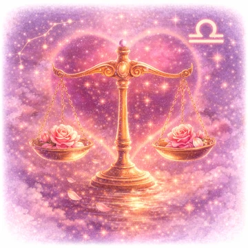 Balanza dorada con rosas en equilibrio sobre fondo estrellado con corazón luminoso y símbolo del signo Libra