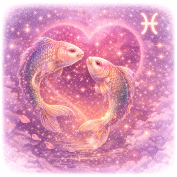 Dos peces luminosos nadando frente a frente formando un corazón de luz en un cielo estrellado rosa y violeta, representación romántica del signo Piscis con su símbolo zodiacal en la esquina superior derecha.