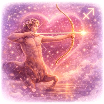 Centauro arquero del signo Sagitario apuntando con arco dorado bajo cielo estrellado rosado con corazón luminoso y símbolo zodiacal Sagitario
