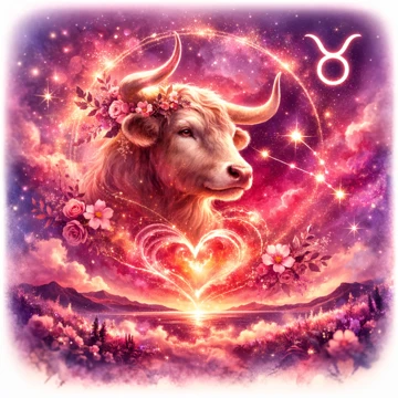 Toro del signo Tauro con corona de flores sobre fondo cósmico rosado, corazón luminoso central y símbolo zodiacal Tauro en el cielo estrellado