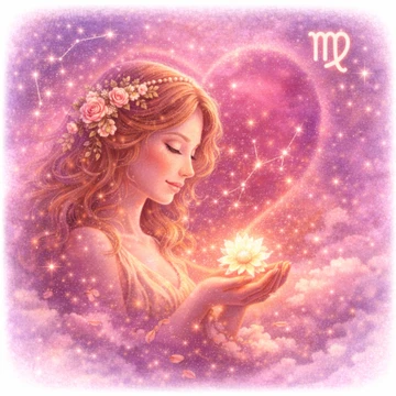 Mujer Virgo sosteniendo una flor luminosa sobre fondo estrellado con corazón y símbolo del signo Virgo