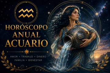 Horóscopo anual Acuario: predicciones de amor, trabajo y dinero para Acuario Horóscopo anual de Acuario con figura femenina mística vertiendo agua desde una vasija rodeada de estrellas y símbolos zodiacales