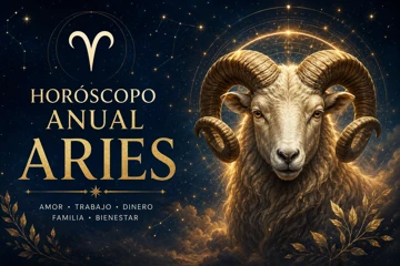 Horóscopo anual de Aries con carnero místico rodeado de estrellas y símbolos astrológicos en un cielo nocturno dorado
