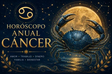Horóscopo anual Cáncer: predicciones de amor, trabajo y dinero para Cáncer Horóscopo anual de Cáncer con cangrejo místico frente a una luna llena rodeado de estrellas y símbolos zodiacales
