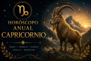 Horóscopo anual Capricornio: predicciones de amor, trabajo y dinero para Capricornio Horóscopo anual de Capricornio con cabra mística en una montaña rodeada de estrellas y símbolos zodiacales