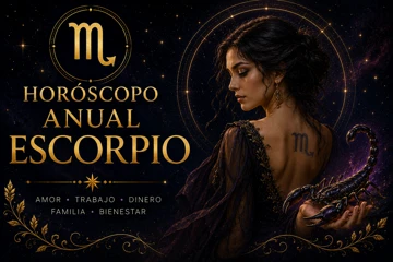 Horóscopo anual de Escorpio con figura femenina mística y escorpión dorado rodeados de estrellas y símbolos zodiacales
