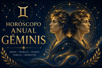 Horóscopo anual de Géminis con figuras gemelas místicas rodeadas de estrellas y símbolos astrológicos en un cielo azul oscuro