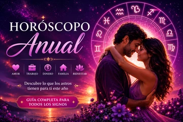 Horóscopo anual gratis de todos los signos del zodiaco | Predicciones anuales Pareja abrazándose bajo una rueda zodiacal luminosa en un paisaje místico de tonos violetas y magenta representando el horóscopo anual y las predicciones de amor, trabajo, dinero y bienestar