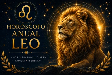Horóscopo anual Leo: predicciones de amor, trabajo y dinero para Leo Horóscopo anual de Leo con león místico dorado rodeado de estrellas y símbolos zodiacales en un cielo nocturno brillante