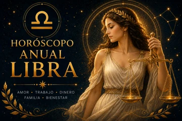 Horóscopo anual Libra: predicciones de amor, trabajo y dinero para Libra Horóscopo anual de Libra con figura femenina sosteniendo una balanza dorada rodeada de estrellas y símbolos zodiacales