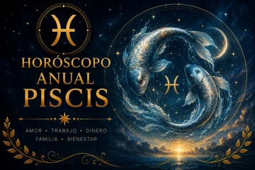 Horóscopo anual de Piscis con dos peces místicos rodeados de estrellas, luna y símbolos zodiacales sobre un cielo nocturno