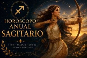 Horóscopo anual Sagitario: predicciones de amor, trabajo y dinero para Sagitario Horóscopo anual de Sagitario con arquera mística apuntando con un arco rodeada de estrellas y símbolos zodiacales