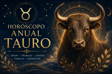 Horóscopo anual Tauro: predicciones de amor, trabajo y dinero para Tauro Horóscopo anual de Tauro con toro místico rodeado de estrellas y símbolos zodiacales en un cielo nocturno dorado