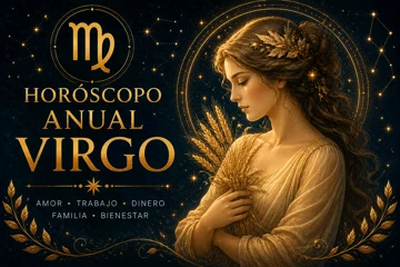 Horóscopo anual de Virgo con figura femenina mística sosteniendo espigas doradas rodeada de estrellas y símbolos zodiacales