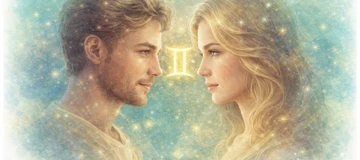 Horóscopo Géminis – Hombre y mujer Géminis en el amor y personalidad Hombre y mujer Géminis frente a frente con símbolo del signo Géminis sobre fondo místico azul y dorado