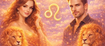 Hombre y mujer Leo bajo luz dorada con símbolo del signo Leo y energía solar sobre fondo místico