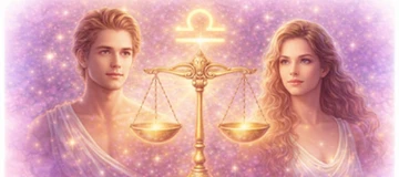 Hombre y mujer Libra junto a balanza dorada con símbolo zodiacal brillante sobre fondo místico en tonos violeta