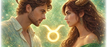 Horóscopo Tauro – Hombre y mujer Tauro en el amor y personalidad Hombre y mujer Tauro frente a frente con símbolo del signo Tauro sobre fondo místico verde y dorado
