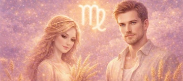 Horóscopo Virgo. Hombre y mujer Virgo, personalidad analítica y esencia perfeccionista del signo de tierra Hombre y mujer Virgo rodeados de espigas doradas con símbolo zodiacal brillante sobre fondo místico en tonos violeta