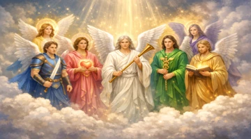 Arcángeles luminosos en el cielo simbolizando el mensaje del ángel del día hoy gratis y la conexión espiritual