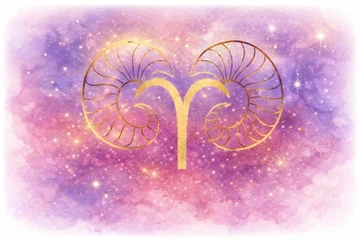 Horóscopo mensual Aries. Predicción y guía del mes Símbolo astrológico de Aries en dorado sobre fondo cósmico con estrellas
