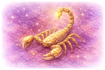 Horóscopo Escorpio – Símbolo zodiacal y esencia profunda del signo Escorpio Escorpión dorado del signo Escorpio sobre fondo místico violeta con energía intensa y destellos luminosos