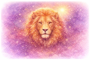 Horóscopo mensual Leo – Predicción y guía del mes Símbolo de Leo representado por un león dorado sobre fondo cósmico