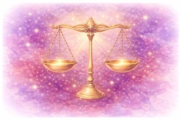 Horóscopo mensual Libra – Predicción y guía del mes Símbolo de Libra representado por una balanza dorada sobre fondo cósmico