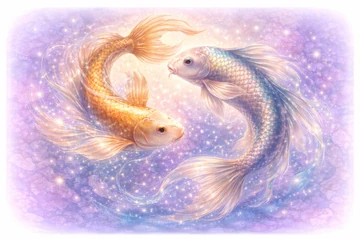 Horóscopo Piscis caracteristicas. Conoce la personalidad de Piscis Símbolo de Piscis representado por dos peces nadando en círculo sobre fondo cósmico
