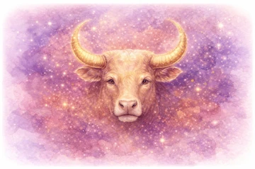Horóscopo Tauro . Símbolo zodiacal y características del signo Tauro Símbolo del signo Tauro con toro dorado sobre fondo místico violeta y rosa