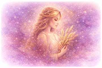 Horóscopo mensual Virgo. Predicción y guía del mes Representación astrológica de Virgo con figura femenina sosteniendo espigas sobre fondo cósmico