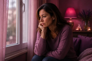 Mujer preocupada mirando por la ventana mientras reflexiona sobre una posible infidelidad de pareja