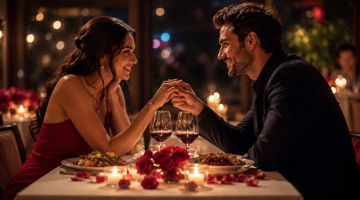 Pareja enamorada cenando en un restaurante romántico con ambiente íntimo y emocional