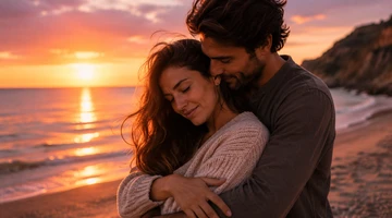 Pareja abrazada frente al mar representando el amor verdadero