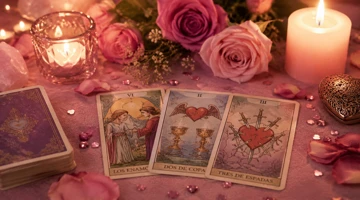 Cartas de tarot del amor sobre fondo femenino en tonos rosas y violetas