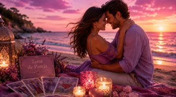 Pareja abrazándose en la playa al atardecer junto a cartas de tarot románticas y velas decorativas