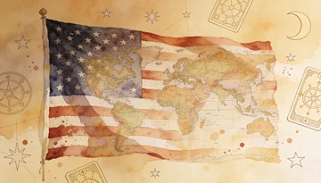 Mapa de Estados Unidos integrado en la bandera estadounidense en una ilustración en acuarela que simboliza una consulta de tarot desde Estados Unidos